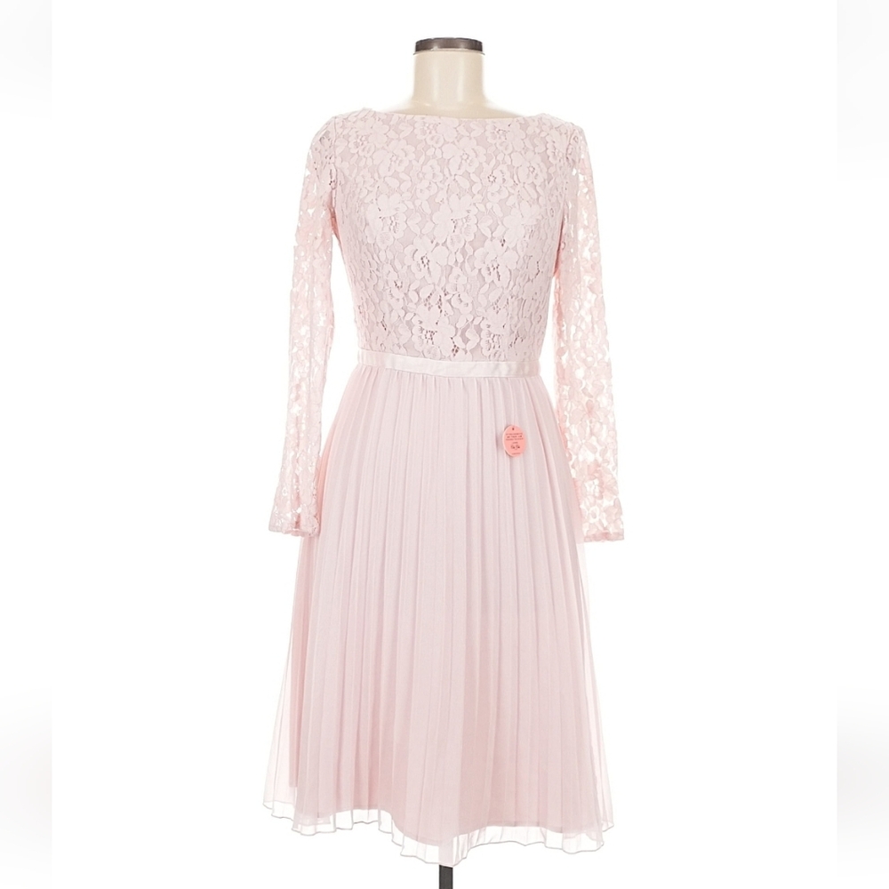 Chi Chi London Carlen Dress Pink Lace Open Back Long Sleeve Pleated Midi